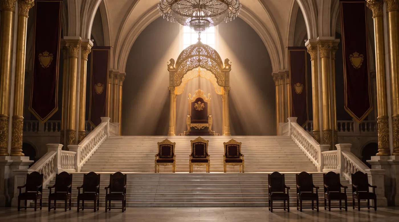 A majlis seen from the doorway: one seat at the head of the room, three beside it, and eight along the wall.